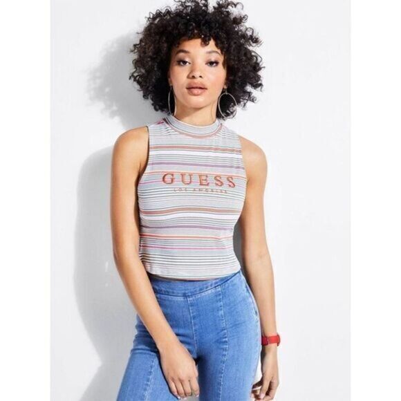 Guess Stripe Motif Logo Cotton Crop Top Sleeveless mock neck‎ Size M - Picture 1 of 11
